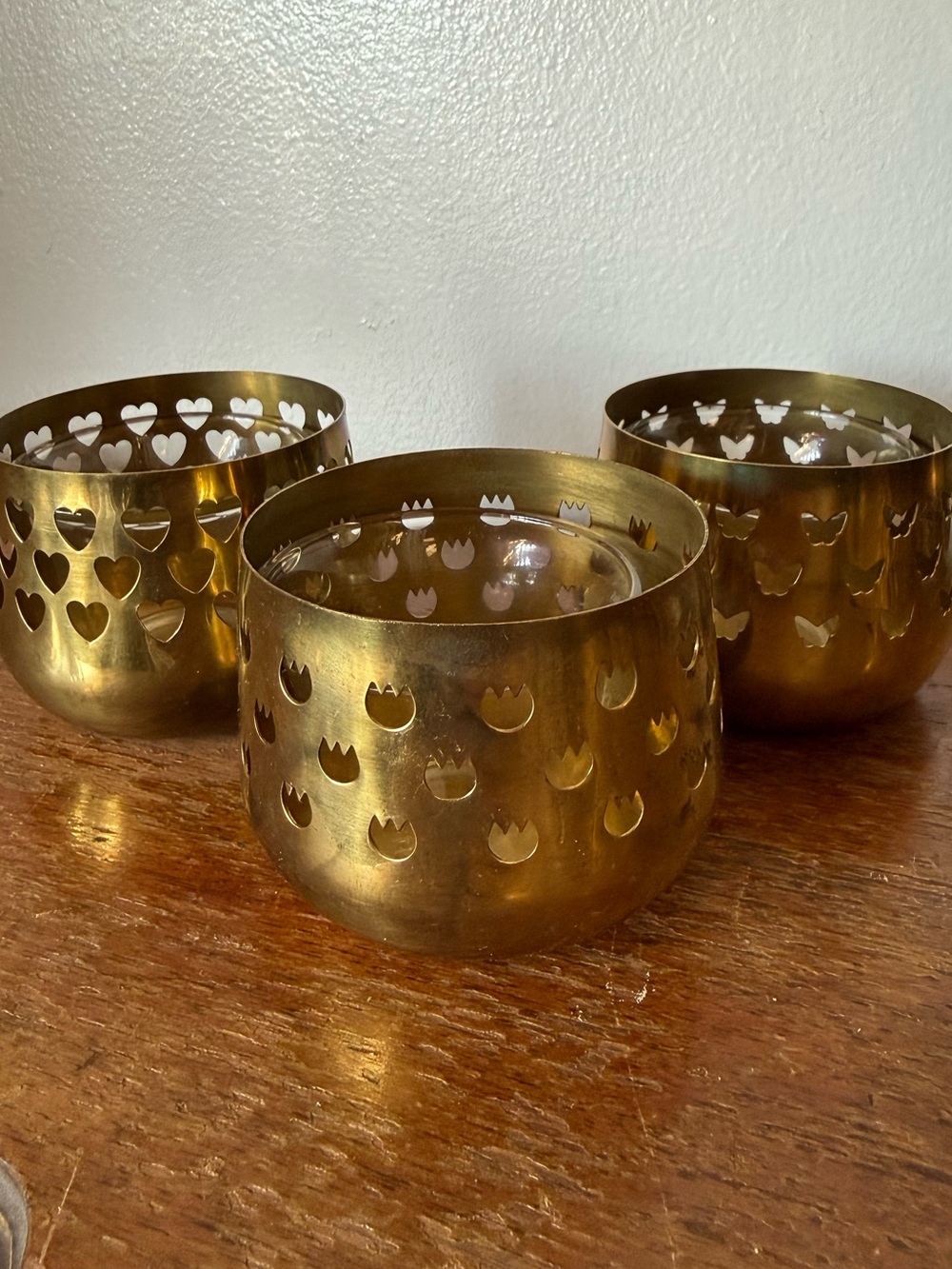 Vintage MCM Brass Tea Light Votive Candle Holder Set 3 Hearts Butterflies Tulips